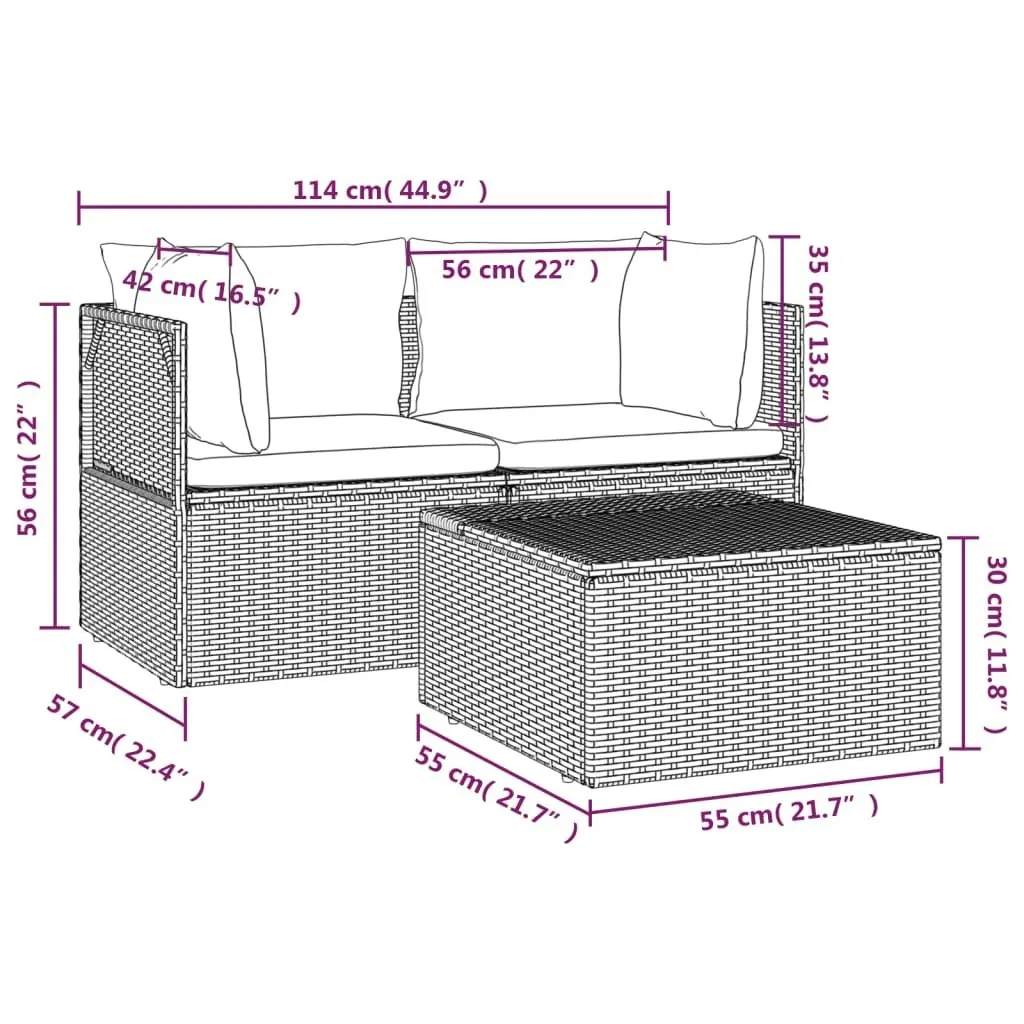 3 Piece Garden Lounge Set with Cushions Grey Poly Rattan 318675