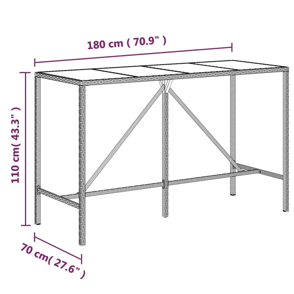 Bar Table with Glass Top Brown 180x70x110 cm Poly Rattan 362590