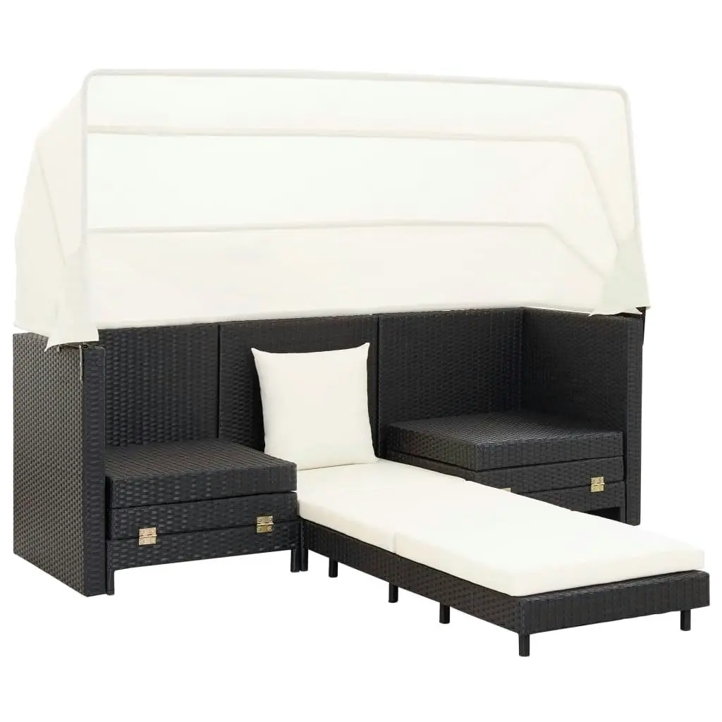 Extendable 3-Seater Sofa Bed with Roof Poly Rattan Black 46075