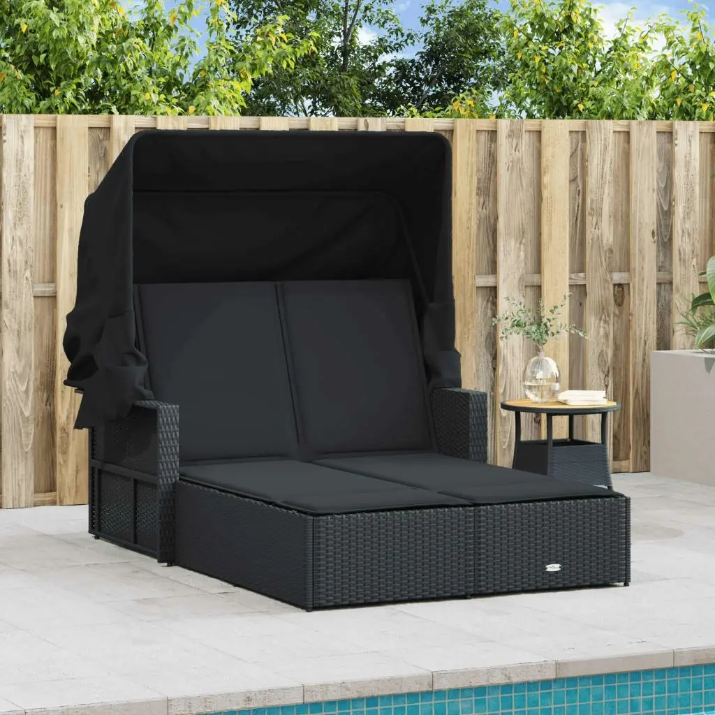 Double Sun Lounger with Canopy and Cushions Black Poly Rattan 365807