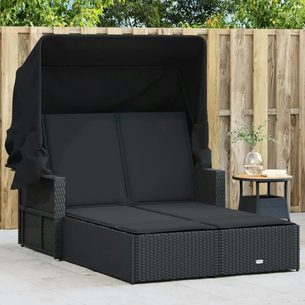 Double Sun Lounger with Canopy and Cushions Black Poly Rattan 365807