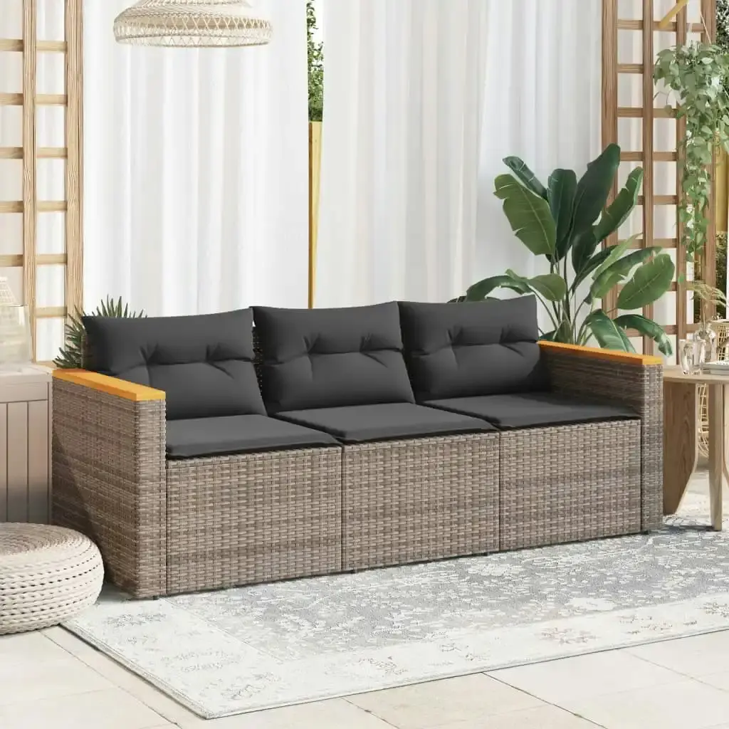 Garden Sofa with Cushions 3-Seater Grey Poly Rattan 365830