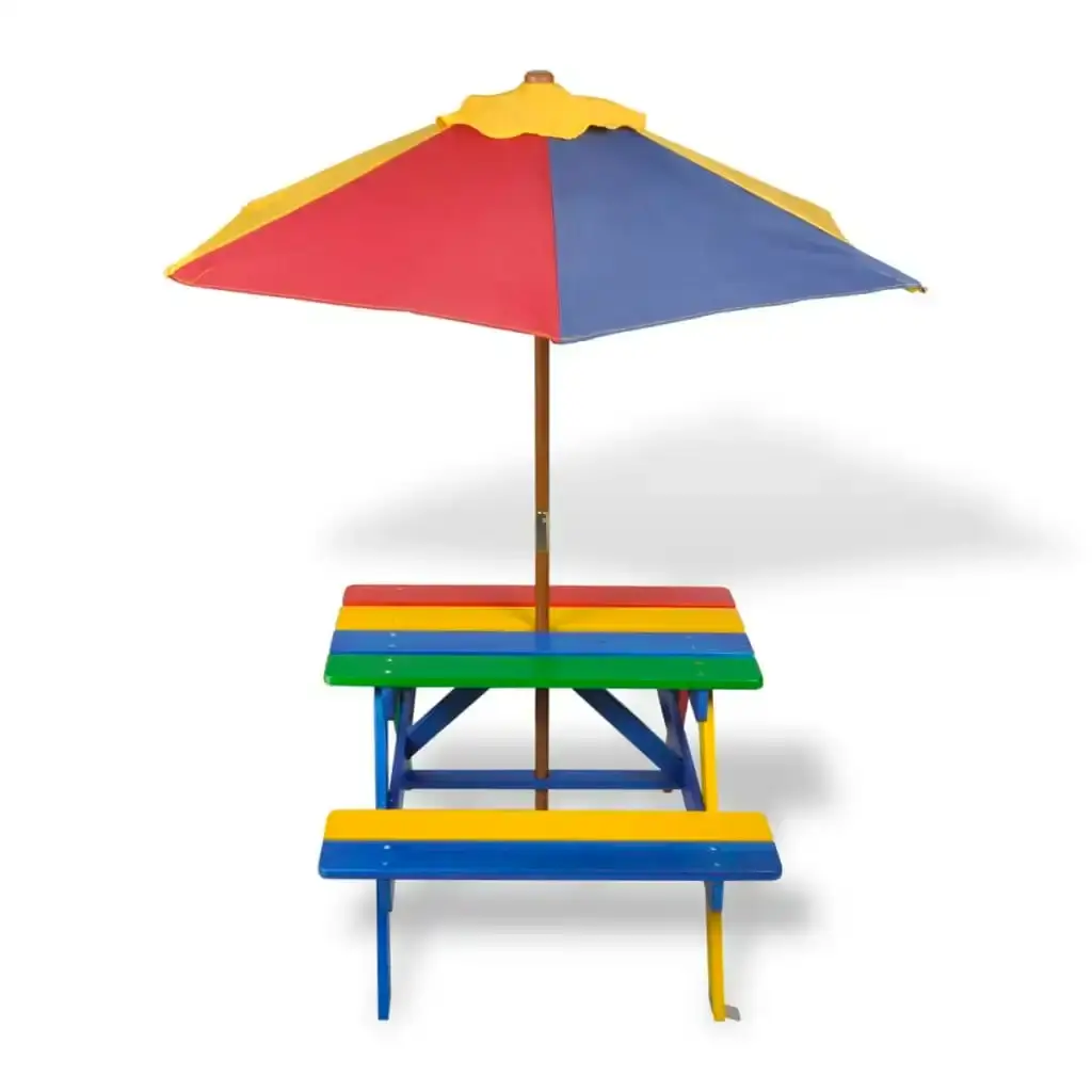 Kids' Picnic Table with Benches and Parasol Multicolour Wood 40773