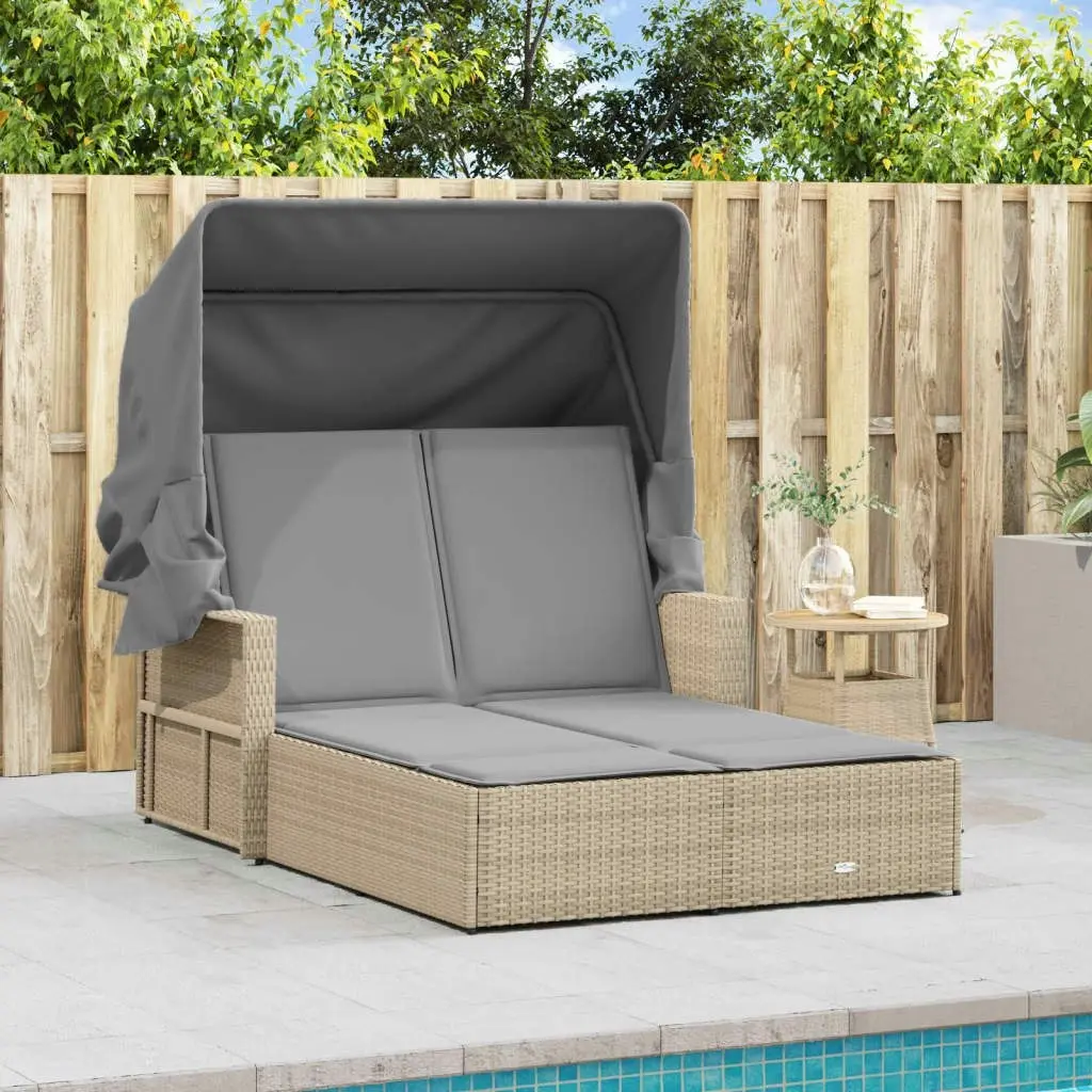 Double Sun Lounger with Canopy and Cushions Mix Beige Poly Rattan 365811