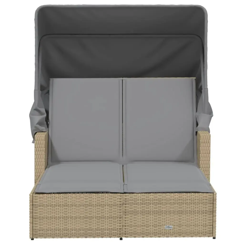 Double Sun Lounger with Canopy and Cushions Mix Beige Poly Rattan 365811