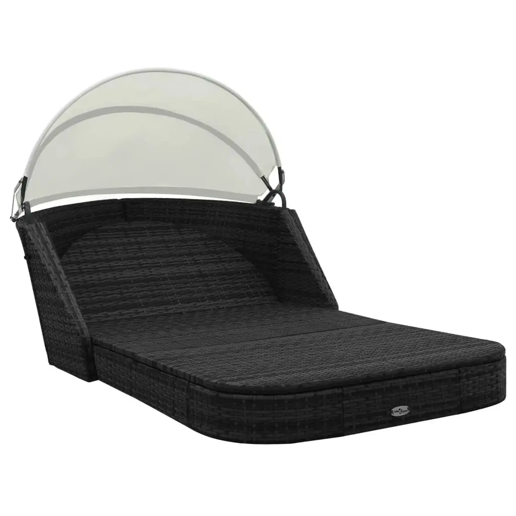 Sun Lounger with Canopy Poly Rattan Black 41983