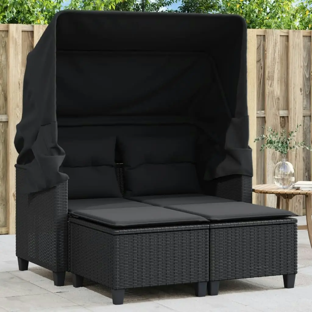 Garden Sofa 2-Seater with Canopy and Stools Black Poly Rattan 365781