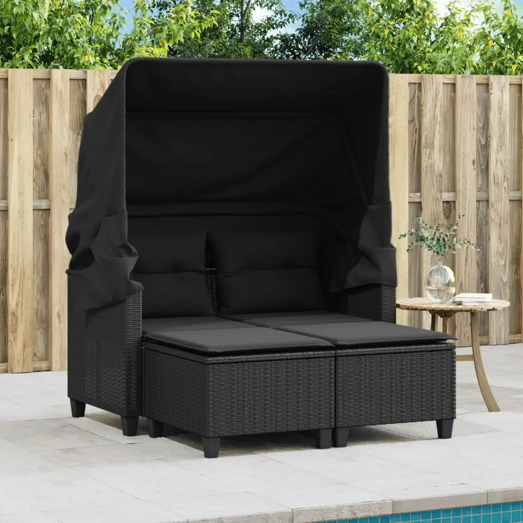 Garden Sofa 2-Seater with Canopy and Stools Black Poly Rattan 365781