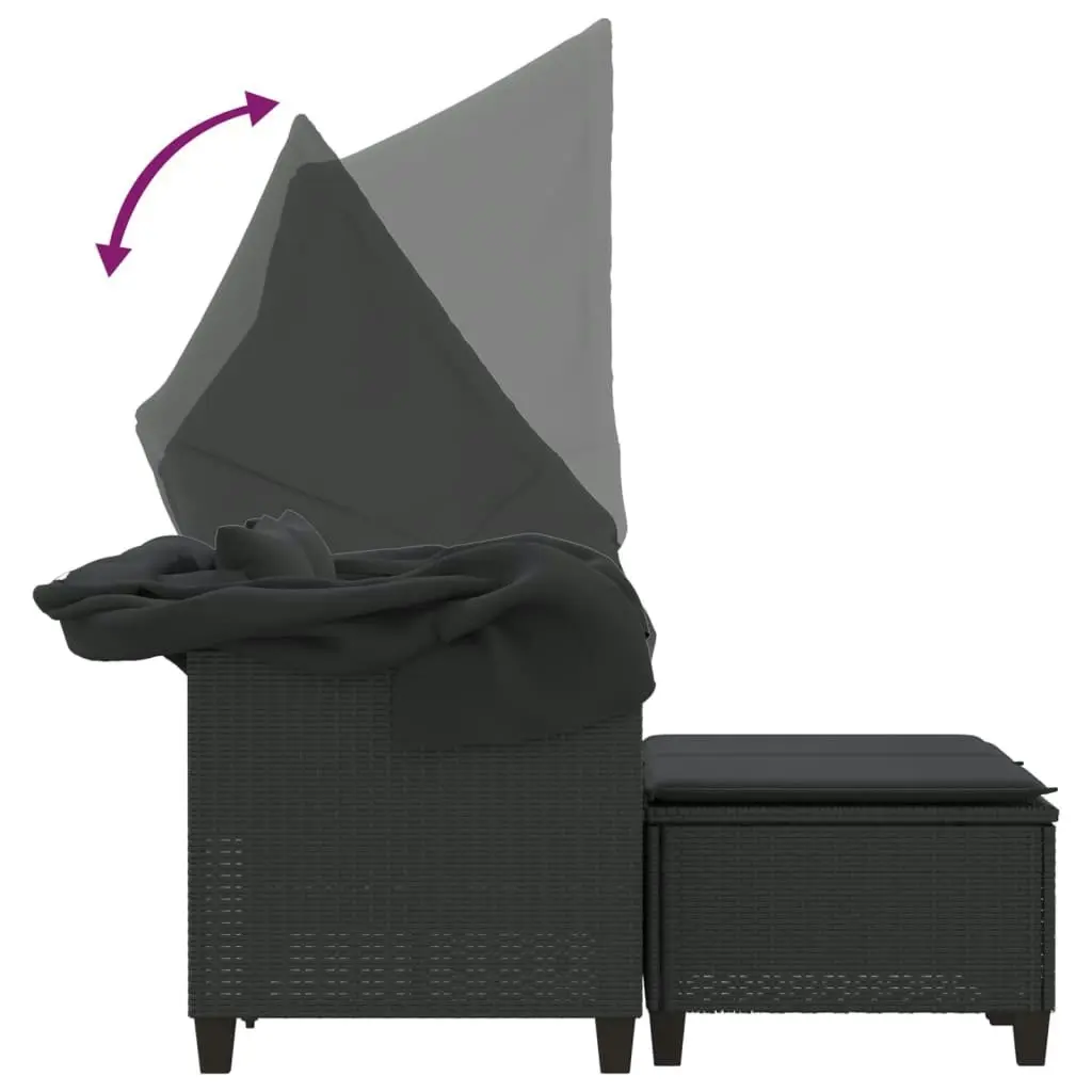 Garden Sofa 2-Seater with Canopy and Stools Black Poly Rattan 365781