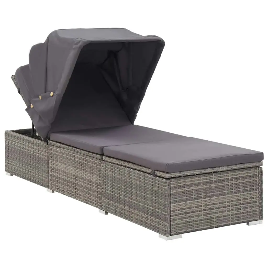 Sun Lounger with Canopy and Cushion Poly Rattan Grey 46248