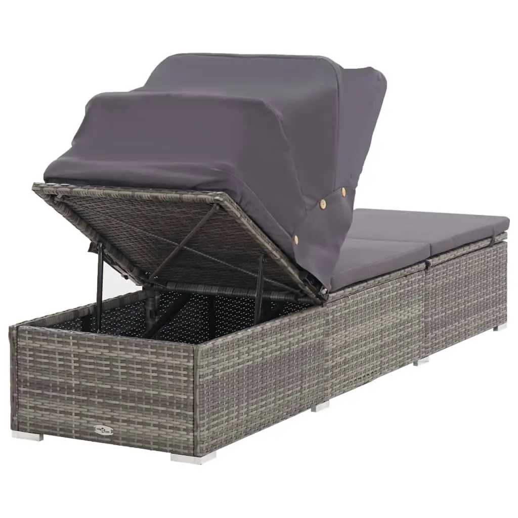 Sun Lounger with Canopy and Cushion Poly Rattan Grey 46248