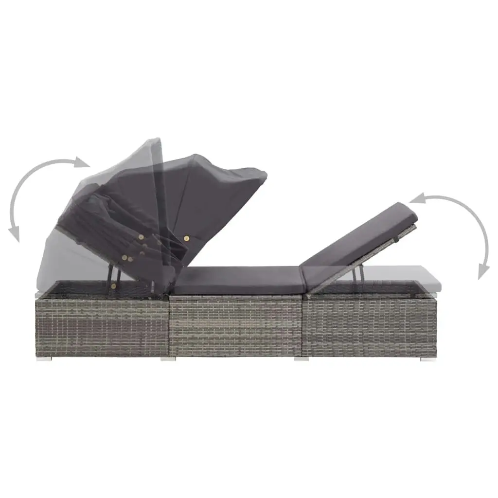 Sun Lounger with Canopy and Cushion Poly Rattan Grey 46248