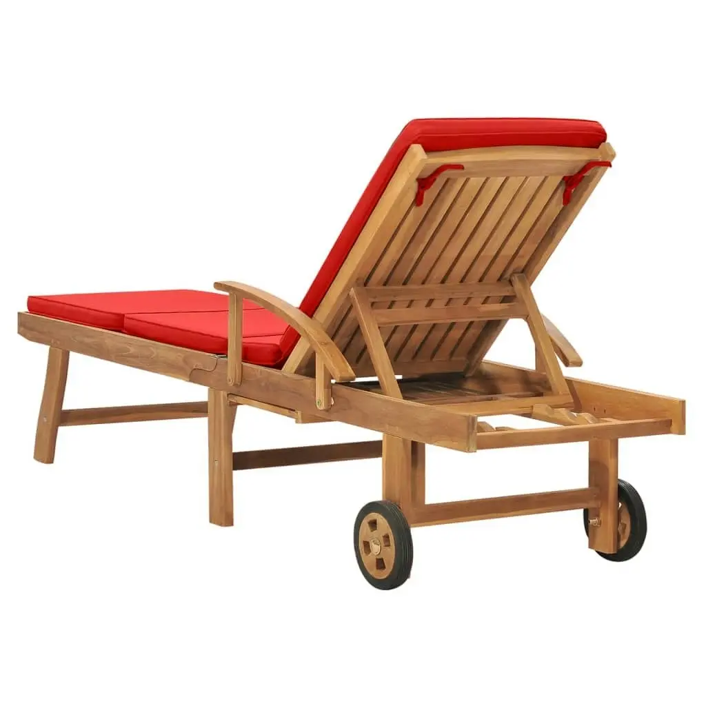 Sun Lounger with Cushion Solid Teak Wood Red 48026