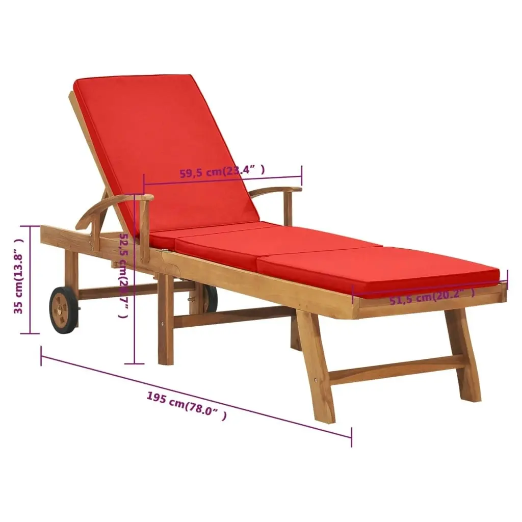 Sun Lounger with Cushion Solid Teak Wood Red 48026