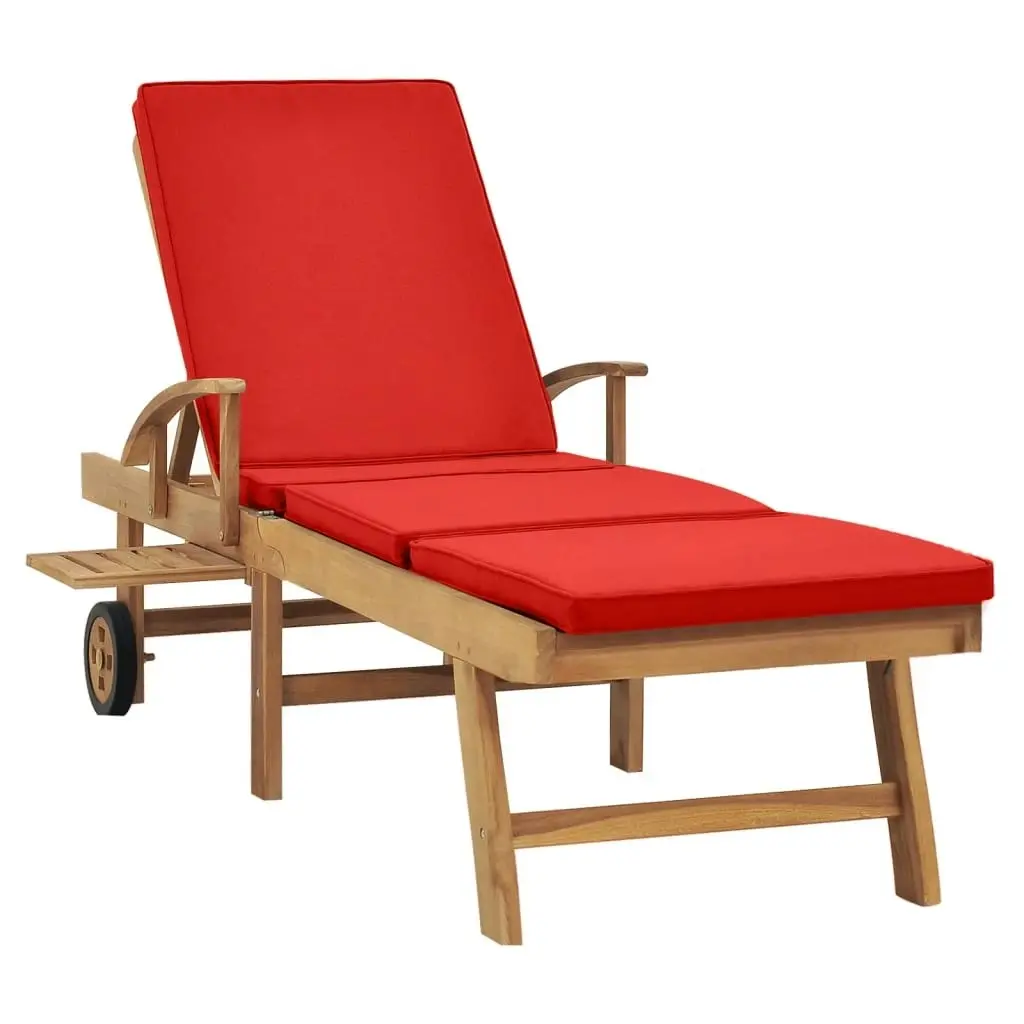 Sun Lounger with Cushion Solid Teak Wood Red 48026