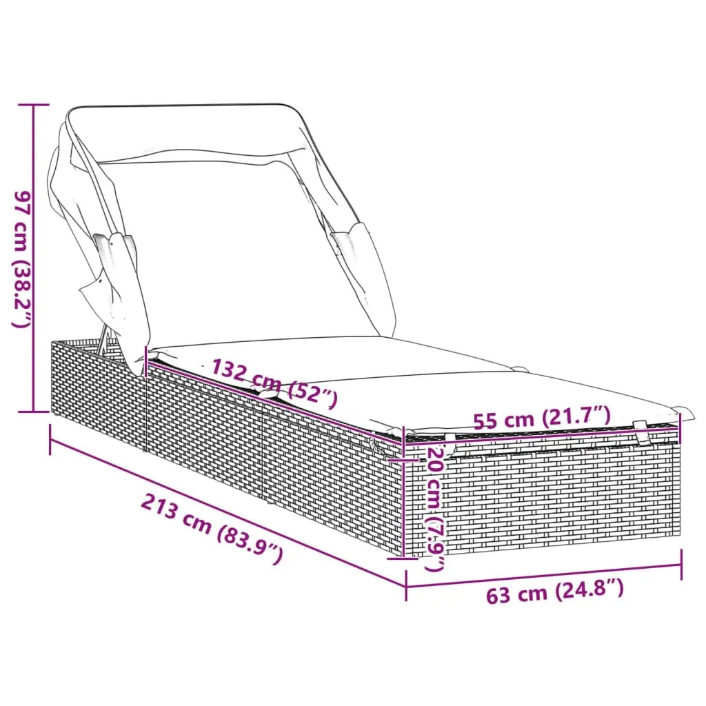 Sunbed with Foldable Roof Black 213x63x97 cm Poly Rattan 319638