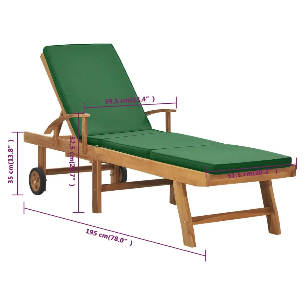 Sun Lounger with Cushion Solid Teak Wood Green 48024