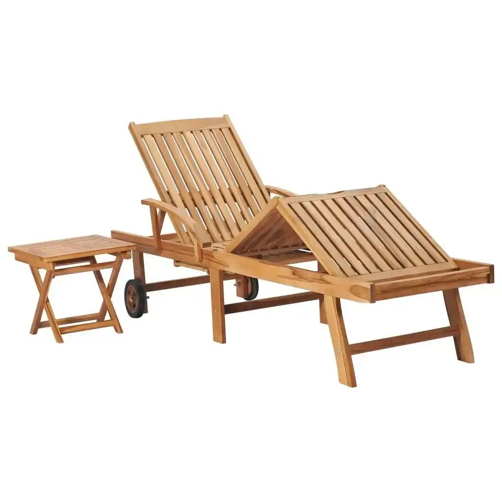 Sun Lounger with Table and Cushion Solid Teak Wood 3063032