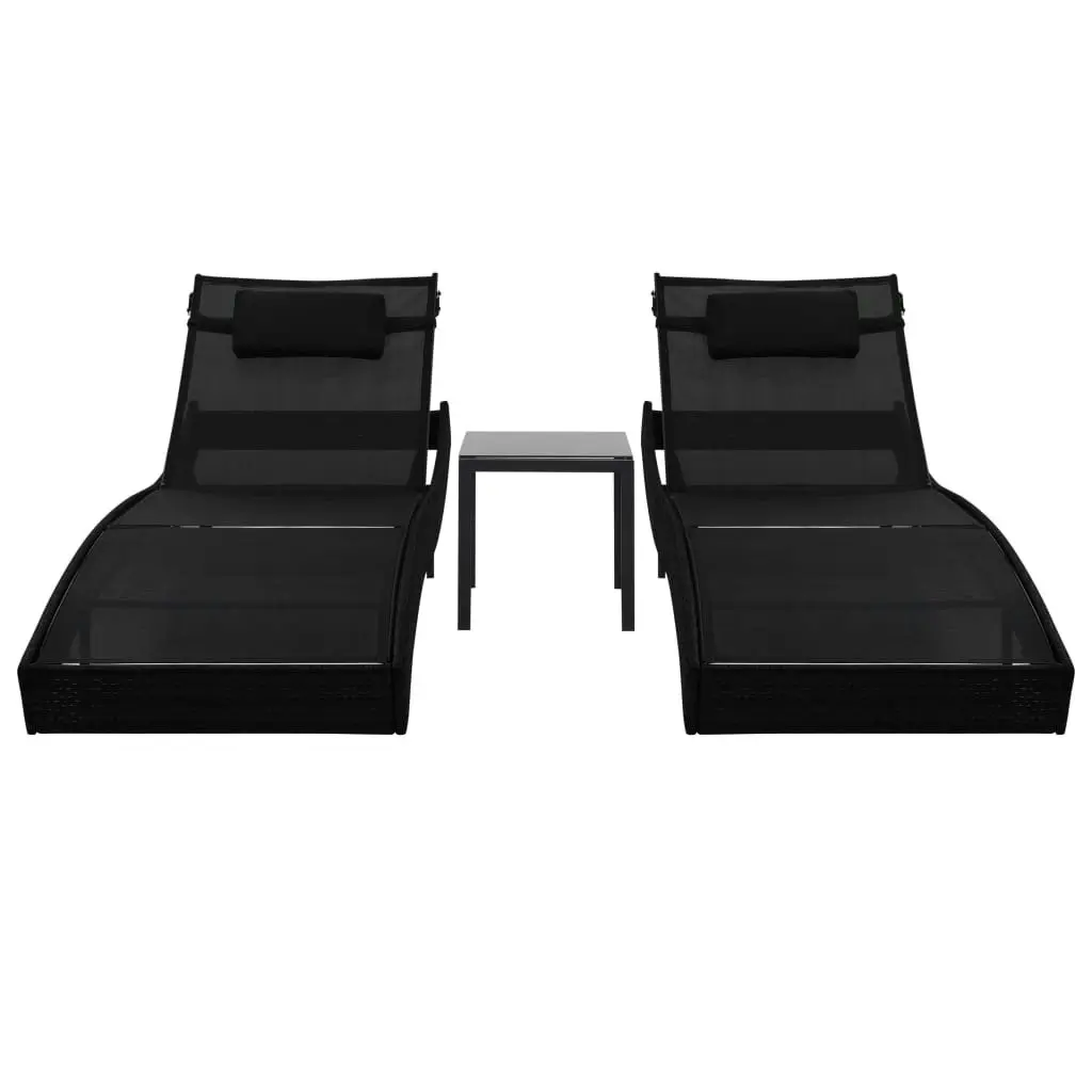 Sun Loungers 2 pcs with Table Poly Rattan and Textilene Black 44893