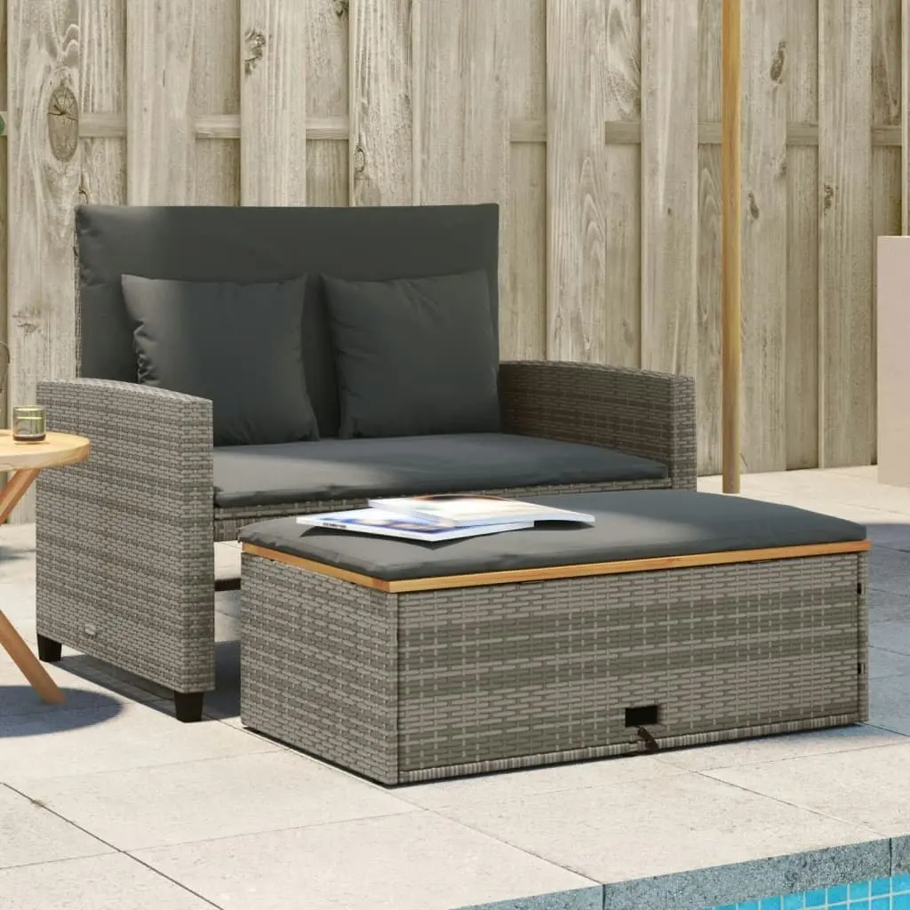 Garden Sofa with Cushions 2-Seater Grey Poly Rattan&Acacia Wood 365142