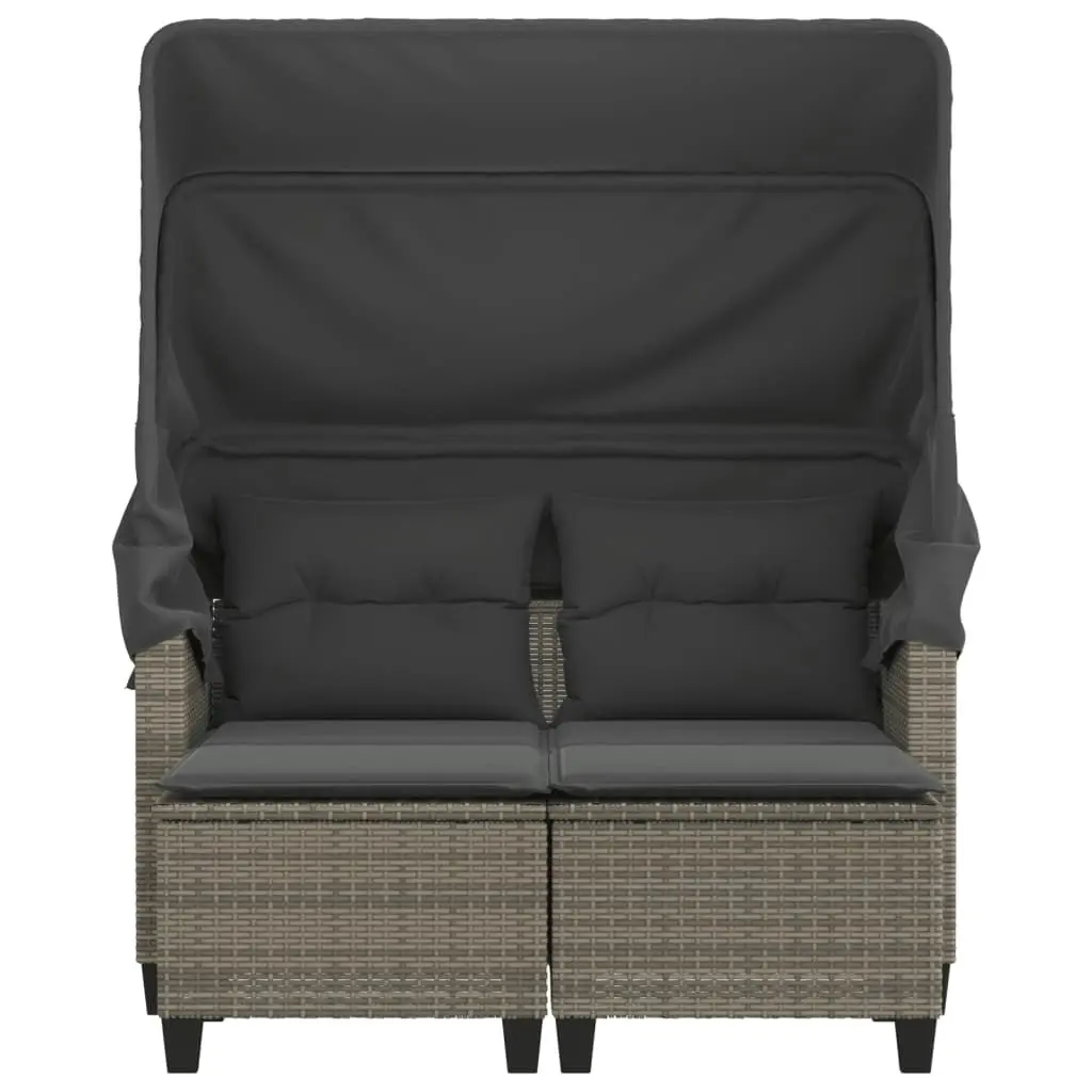 Garden Sofa 2-Seater with Canopy and Stools Grey Poly Rattan 365783