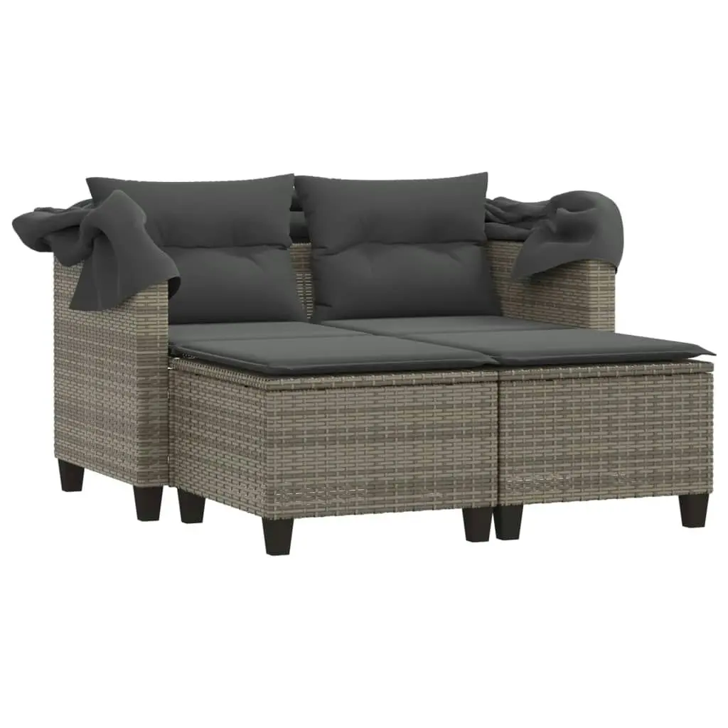 Garden Sofa 2-Seater with Canopy and Stools Grey Poly Rattan 365783