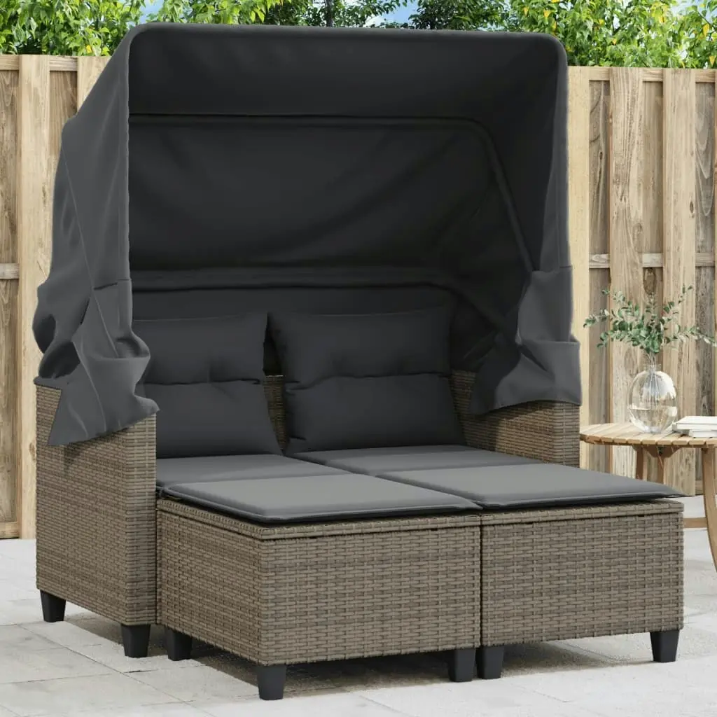 Garden Sofa 2-Seater with Canopy and Stools Grey Poly Rattan 365783