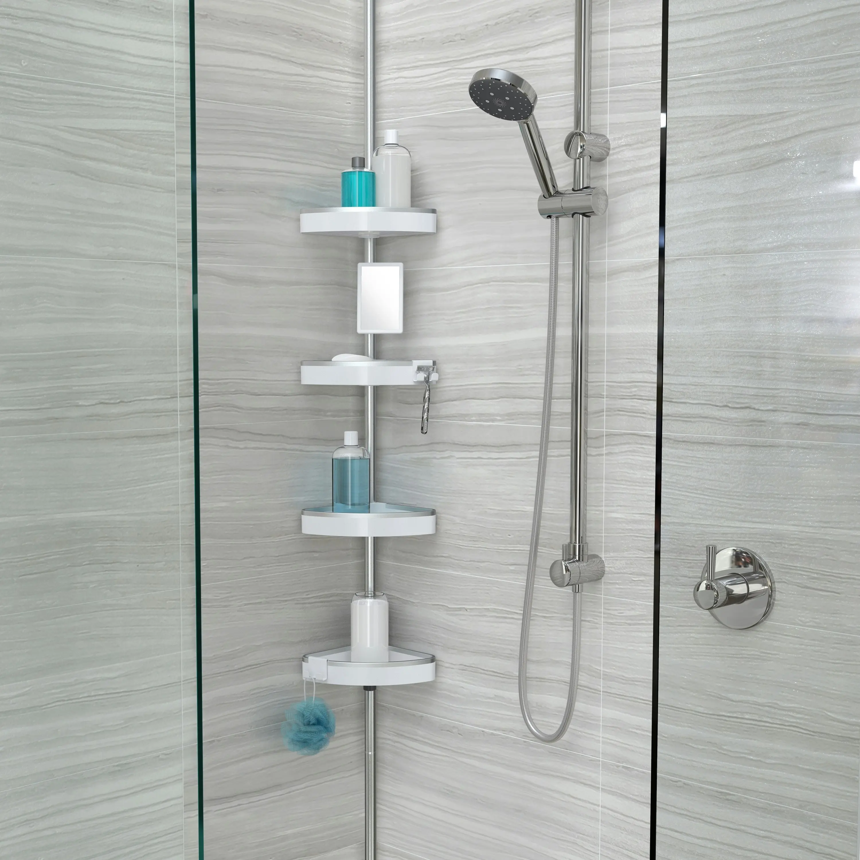 Better Living HiRise 4 Tension Shower Caddy with Mirror - White/Aluminium