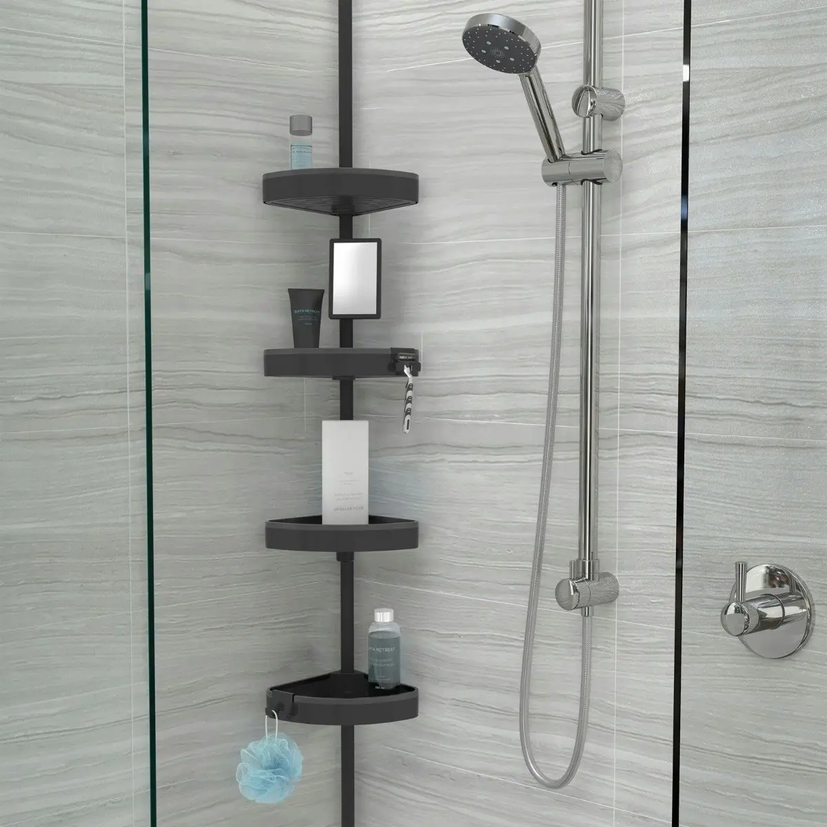 Better Living HiRISE 4 Tension Shower Caddy with Mirror - Black