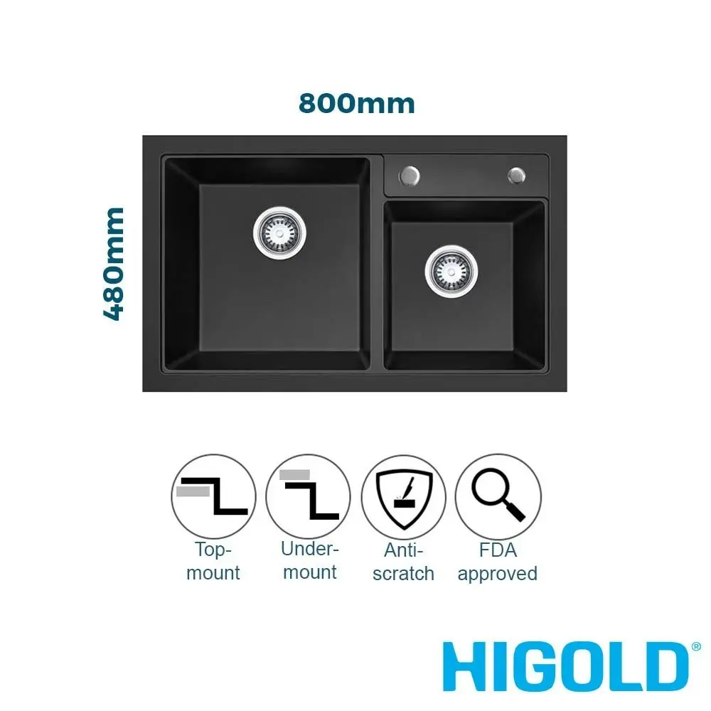 Higold 80cm 1 & 1/2 Bowl Quartz Granite Composite Kitchen Sink - Black