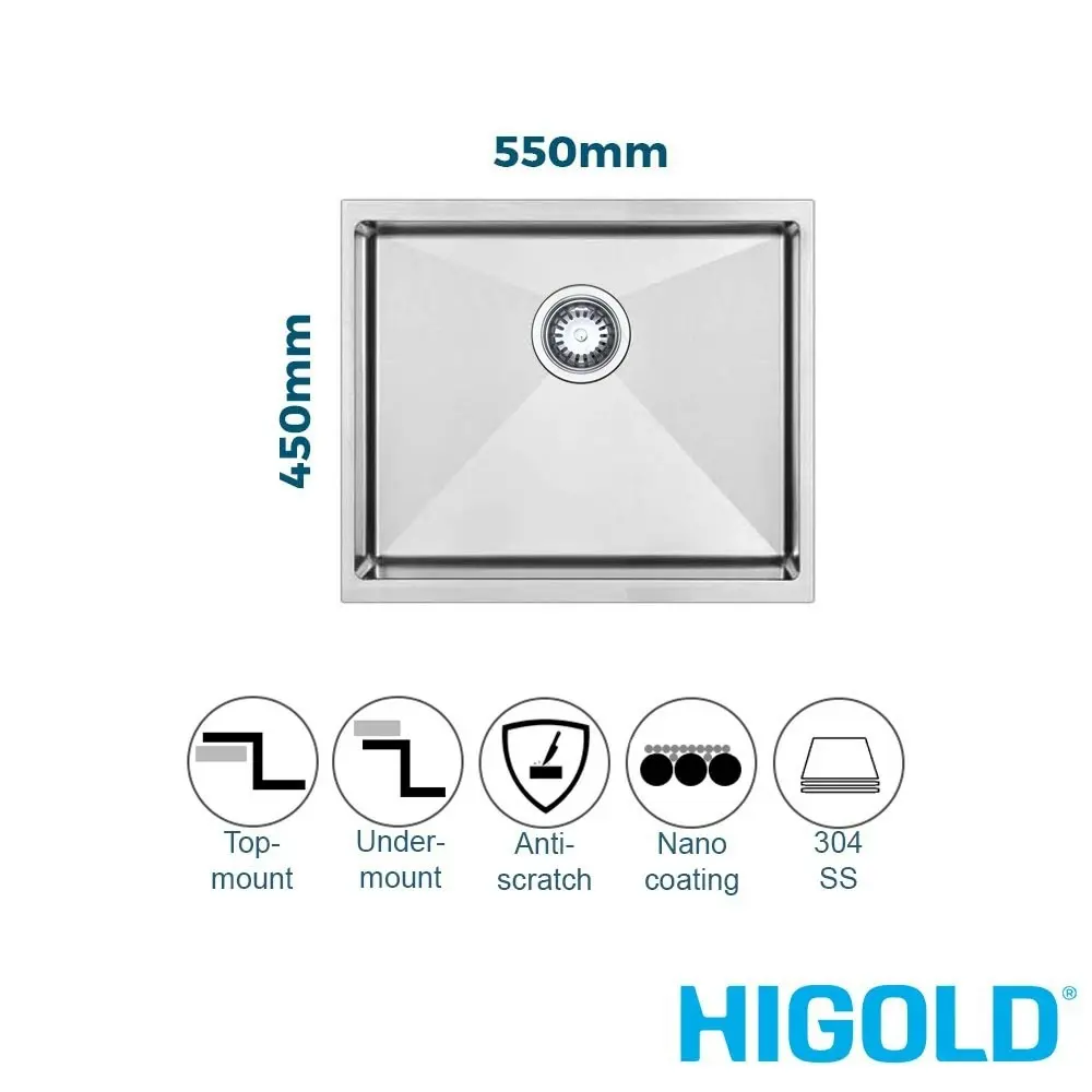 Higold 55cm Single Bowl Kitchen Sink - Stainless Steel