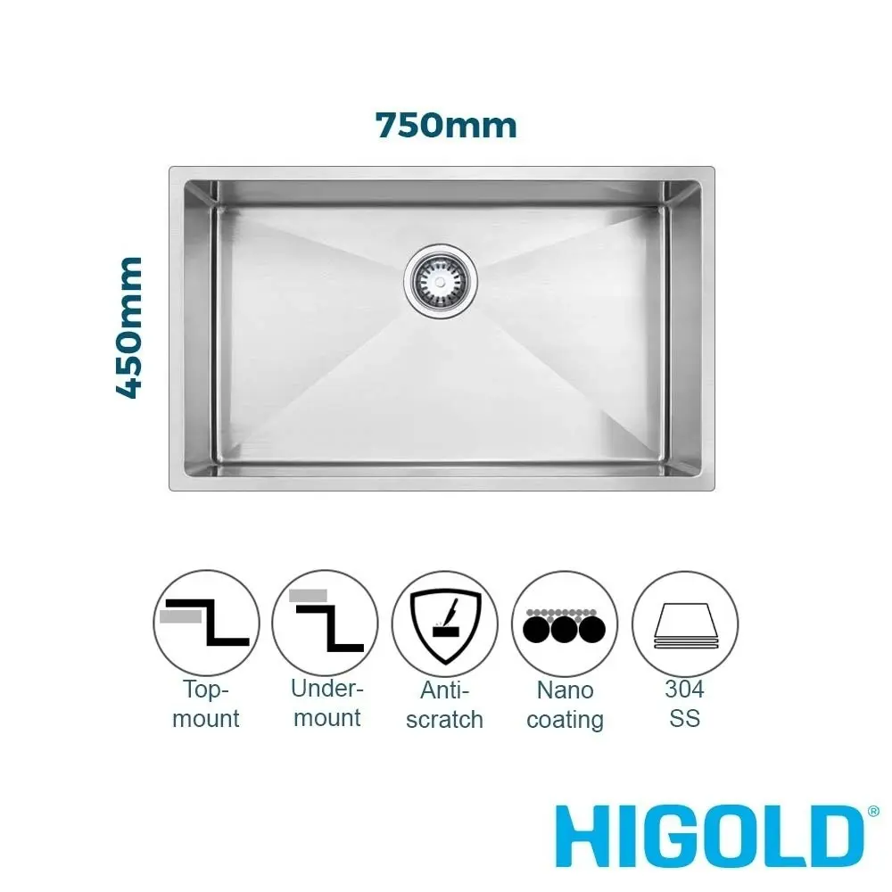 Higold 75cm Single Bowl Kitchen Sink - Stainless Steel