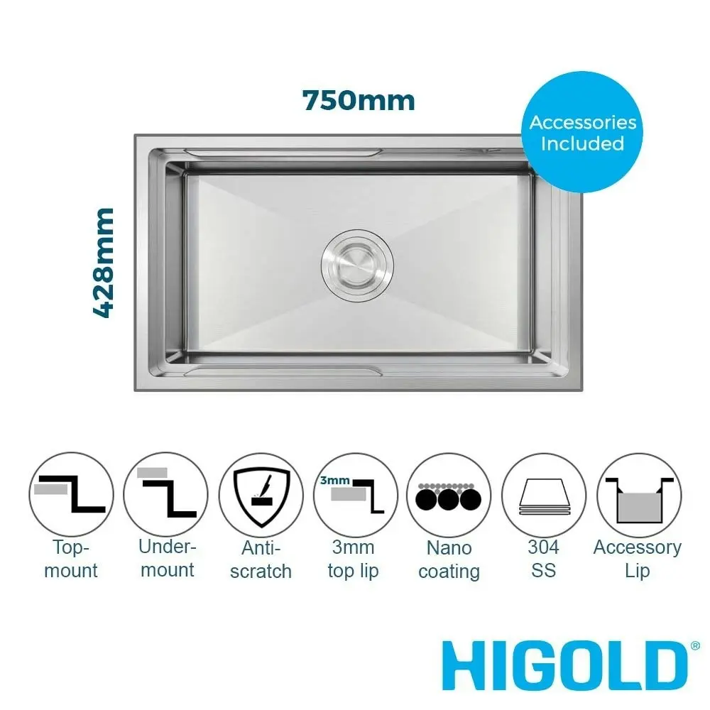 Higold Piniz 75cm Single Bowl Workstation Kitchen Sink - Stainless Steel