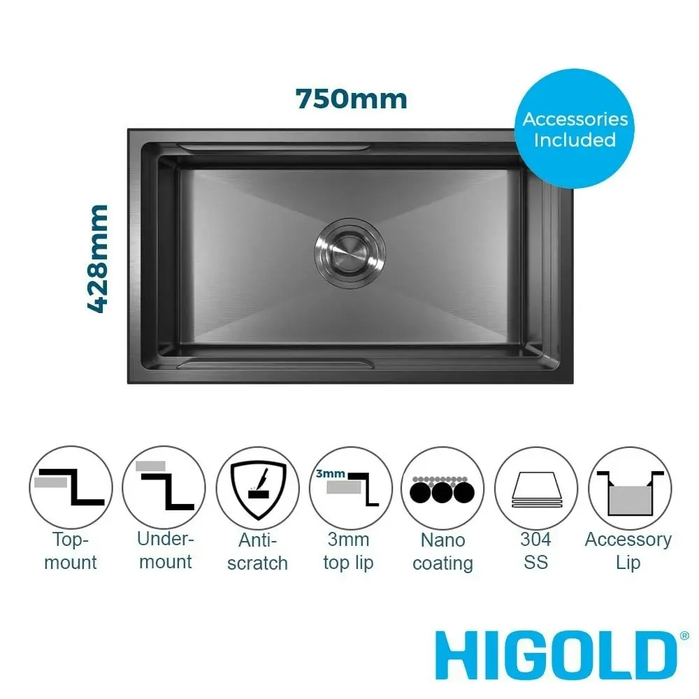 Higold Piniz 75cm Single Bowl Workstation Kitchen Sink - PVD Gunblack