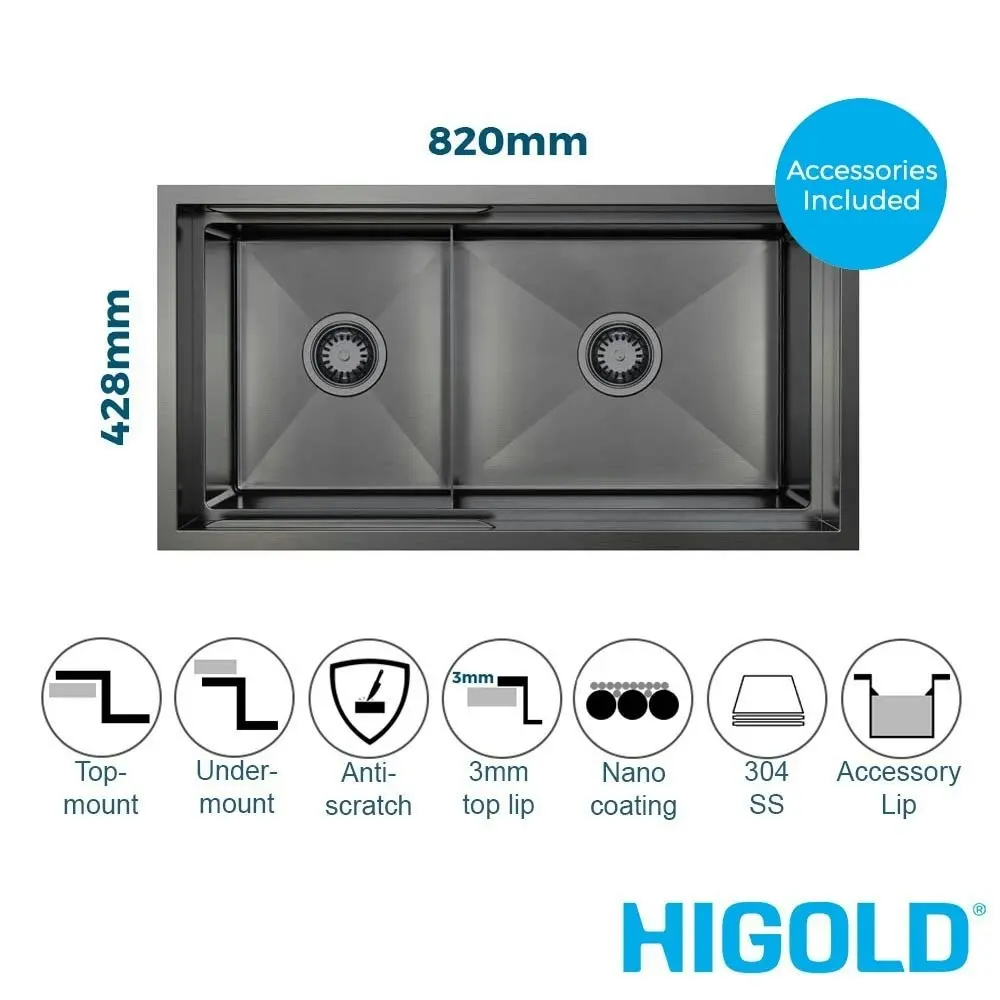 Higold Piniz 82cm 1 & 1/2 Bowl Workstation Kitchen Sink - PVD Gunblack