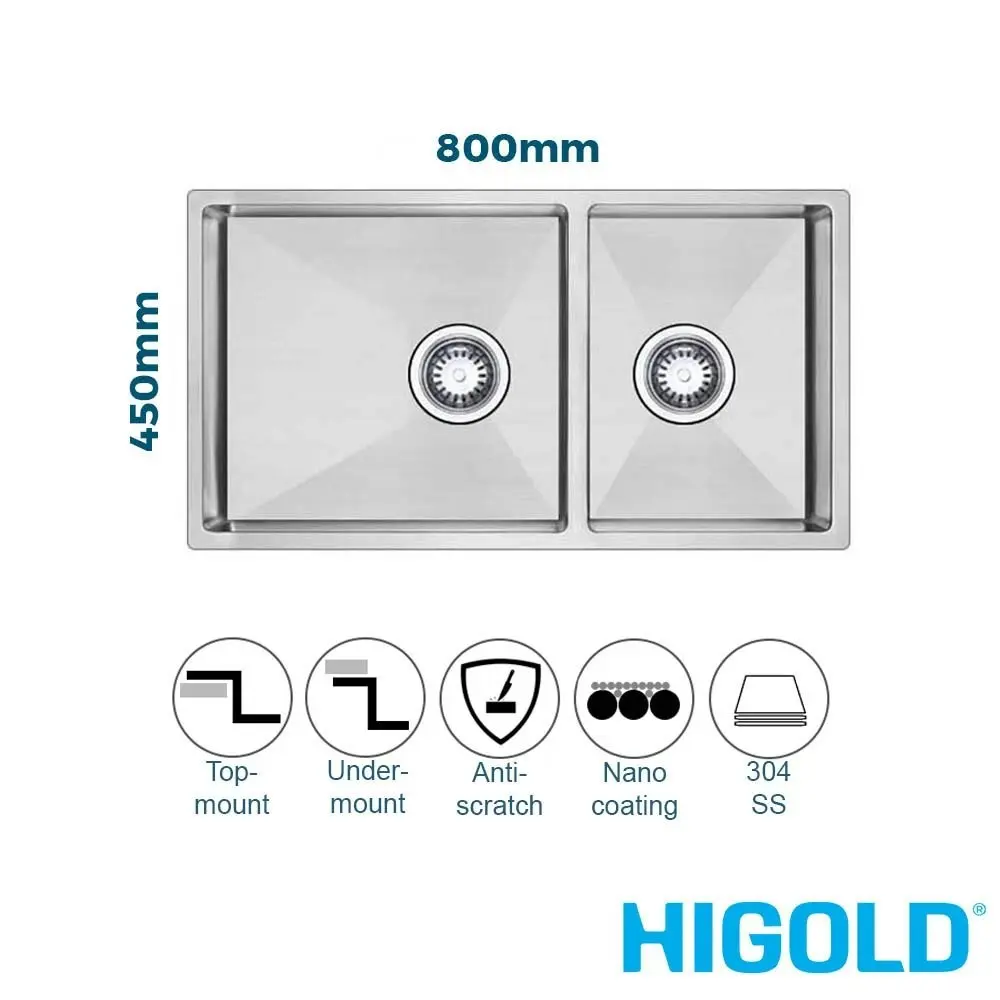 Higold 80cm 1 & 1/2 Bowl Kitchen Sink - Stainless Steel