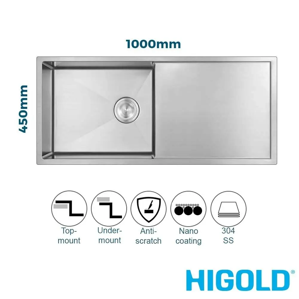 Higold 100cm Single Bowl Kitchen Sink with Drainer - Stainless Steel