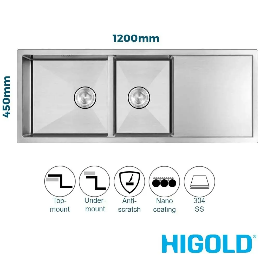 Higold 120cm 1 & 1/2 Bowl Kitchen Sink with Drainer - Stainless Steel