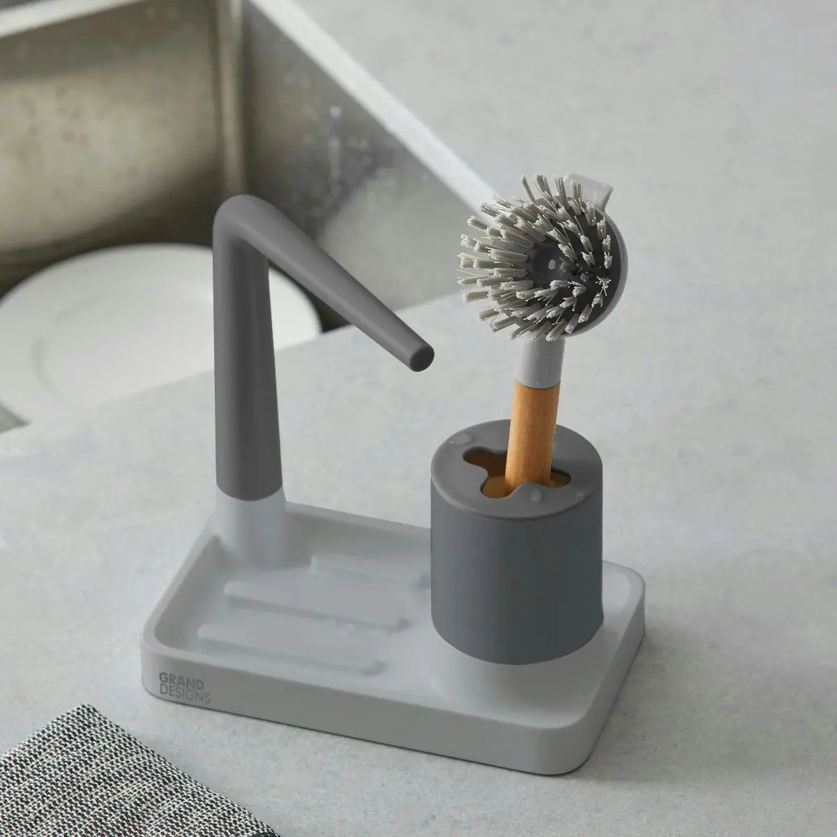 Grand Designs Kitchen Sink Organiser with Brush Holder - Grey/Natural