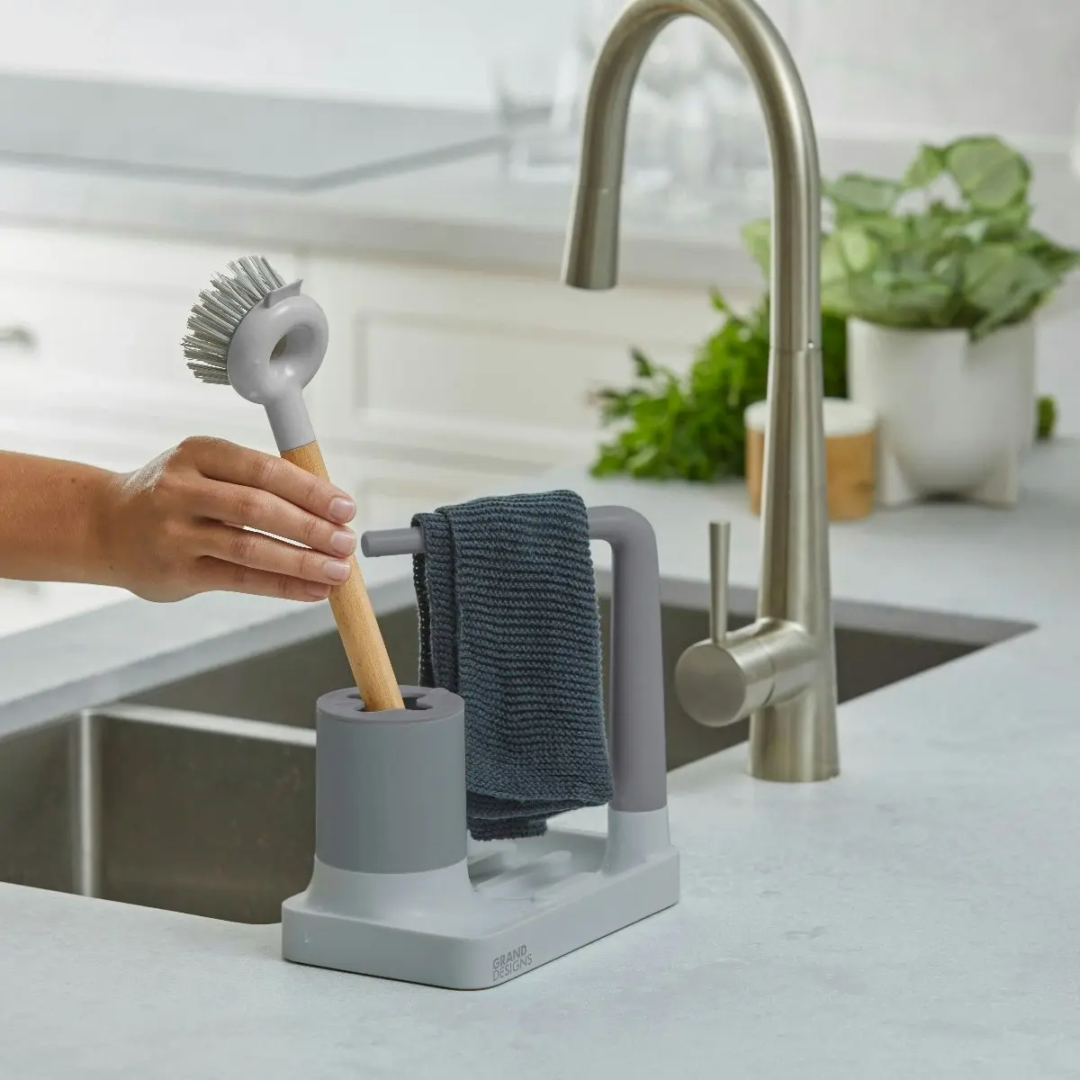 Grand Designs Kitchen Sink Organiser with Brush Holder - Grey/Natural