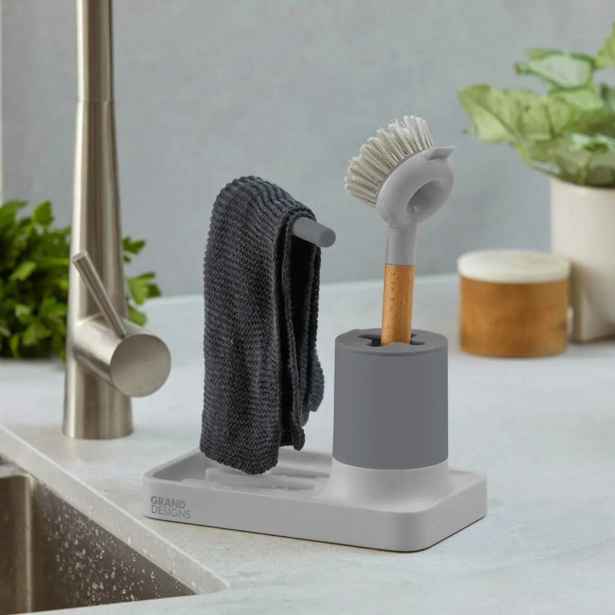 Grand Designs Kitchen Sink Organiser with Brush Holder - Grey/Natural