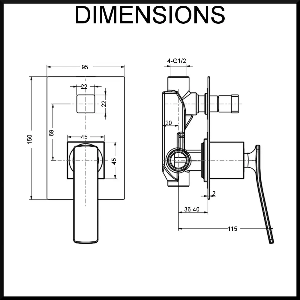 Aguzzo Cortina Wall Mounted Shower Mixer with Diverter - Matte Black