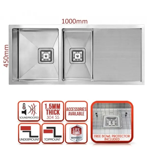 Swedia Dromma Kitchen Sink 1000mm 1 + 1/2 Bowl with Drainer - 1. 5mm Stainless Steel