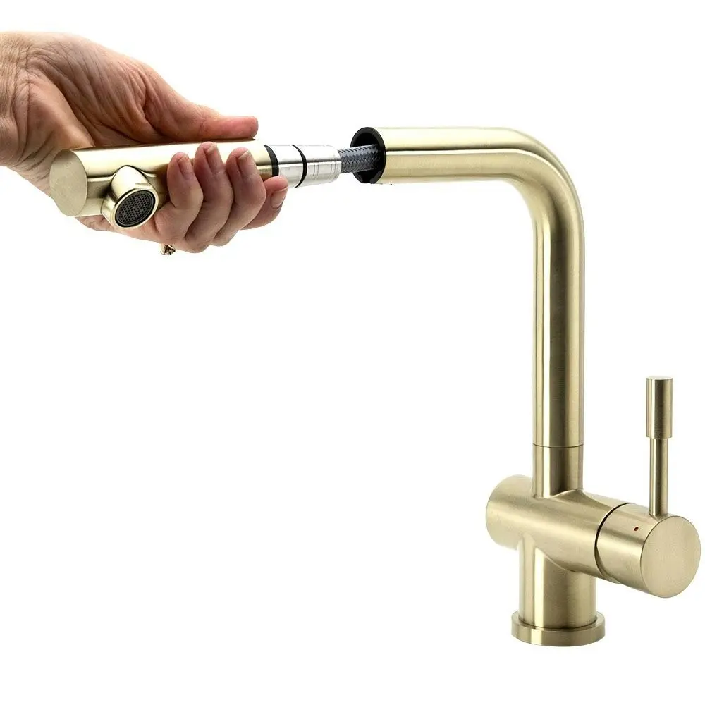 Swedia Sigge Stainless Steel Kitchen Mixer Tap With Pull-Out - Brushed Brass