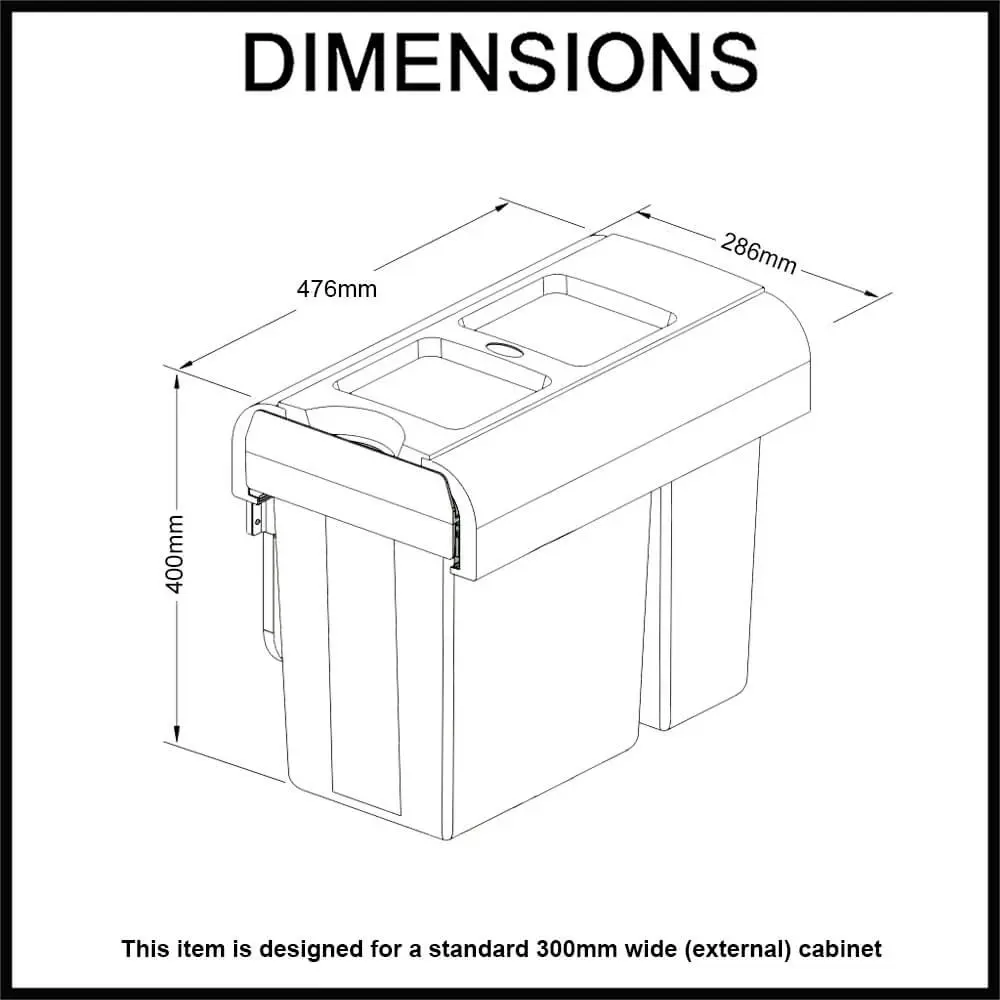 Elite 30L Twin Slide Out Left Side Mounted Slim Profile Concealed Waste Bin (for 30cm cupboard)