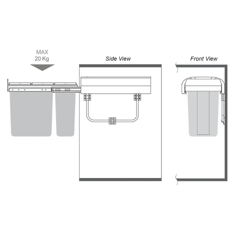 Elite 30L Twin Slide Out Right Side Mounted Slim Profile Concealed Waste Bin (for 30cm cupboard)