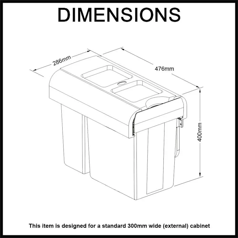 Elite 30L Twin Slide Out Right Side Mounted Slim Profile Concealed Waste Bin (for 30cm cupboard)