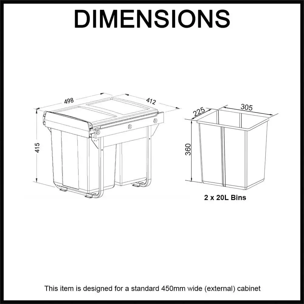 Elite Domestique 40L Twin Slide Out Bottom Mounted Concealed Waste Bin (for 45cm cupboard) - includes Door Bracket