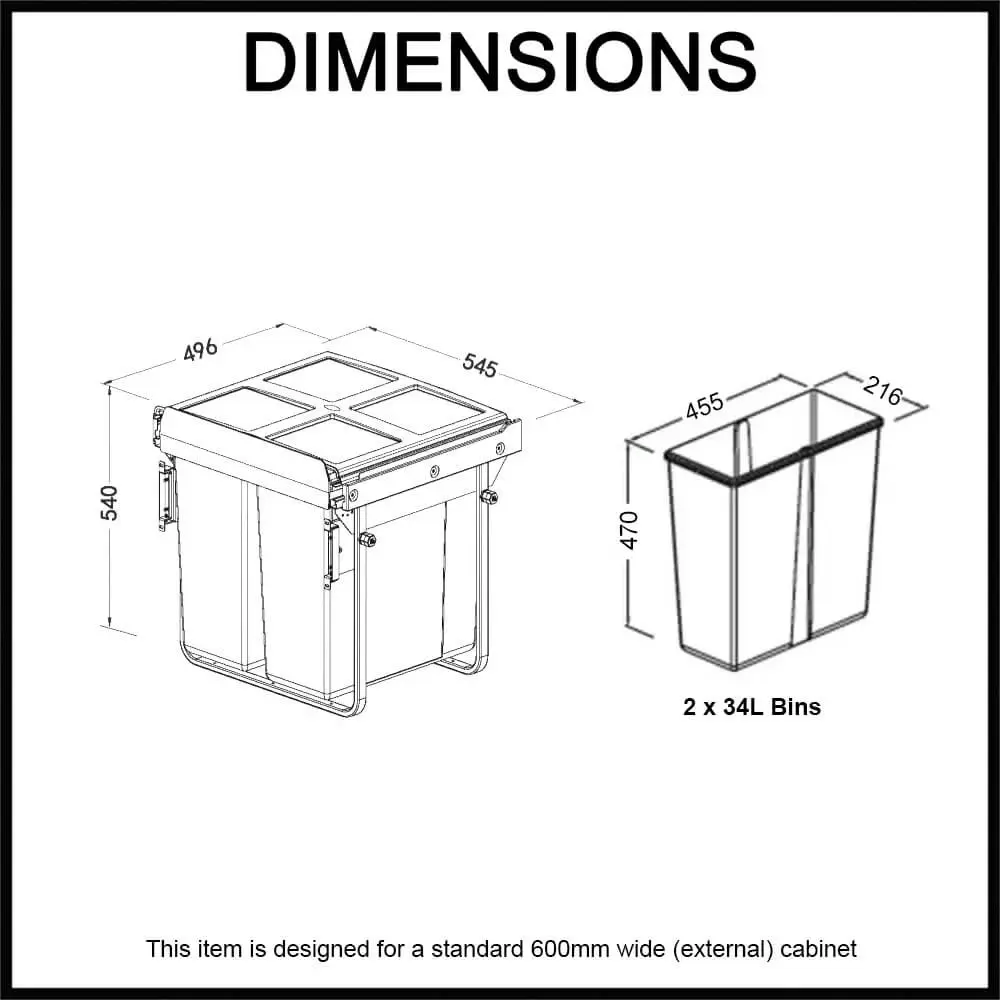 Elite Domestique 68L Twin Slide Out Bottom Mounted Concealed Waste Bin (for 60cm cupboard) - includes Door Bracket