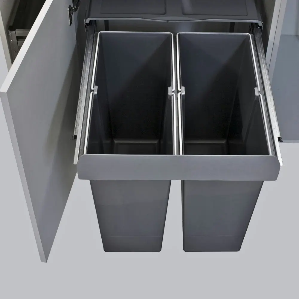 Elite Domestique 68L Twin Slide Out Bottom Mounted Concealed Waste Bin (for 60cm cupboard) - includes Door Bracket